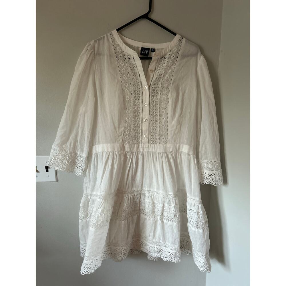 Lace-Trim Mini Dress Gap L 100% Cotton Voile Tiered Lace Insert Crewneck